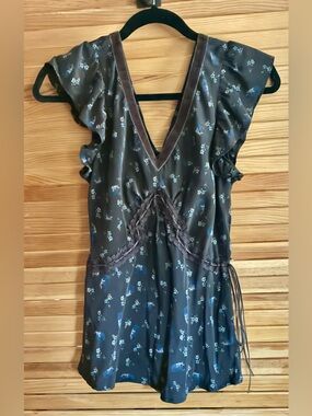 Y2K Wrangler Floral Velvet Trim Top Ribbon Waist ASO Gilmore Girls Rory Core